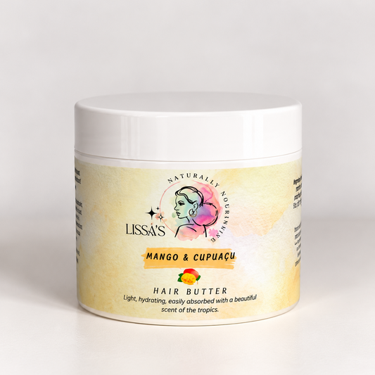 A white plastic jar of Lissa's Mango & Cupacu Hair Butter with a light beige label, set against a clean white background.